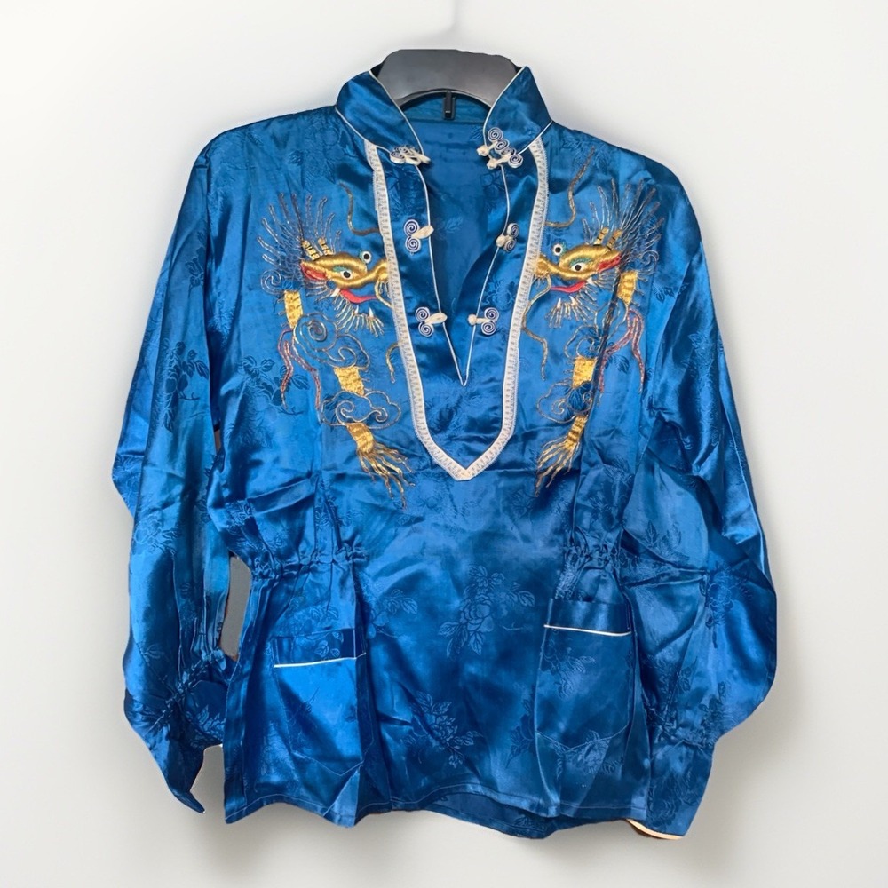 Vintage Asian Embroidered Dragon Silk Rayon 2 Piece Blue Pajama Set 1960s